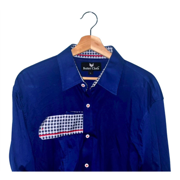 Butter Cloth Shirt Large Blue Button Up Icy Cotton Flip Cuff Stretch Performance - Picture 7 of 7